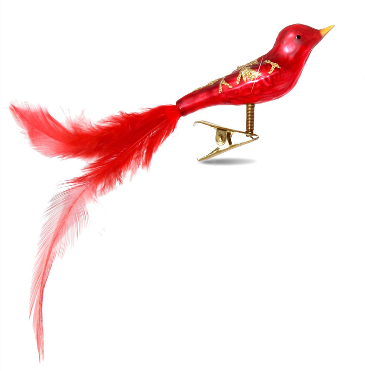 SIKORA BS322 Christbaumschmuck Glas Ornament / CLIP VOGEL mit Federn rot - L:10cm