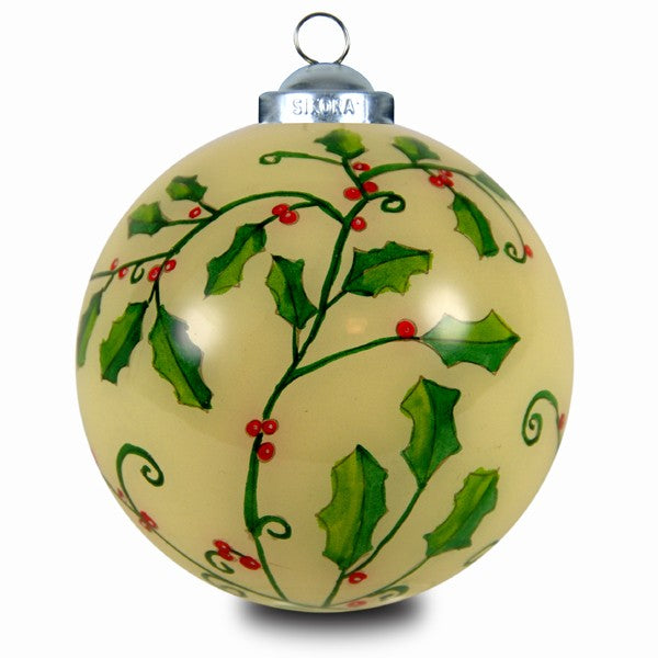 SIKORA INNENGLASMALEREI Weihnachtskugel Glaskugel Motiv ILEX No.66 - D:7,5cm