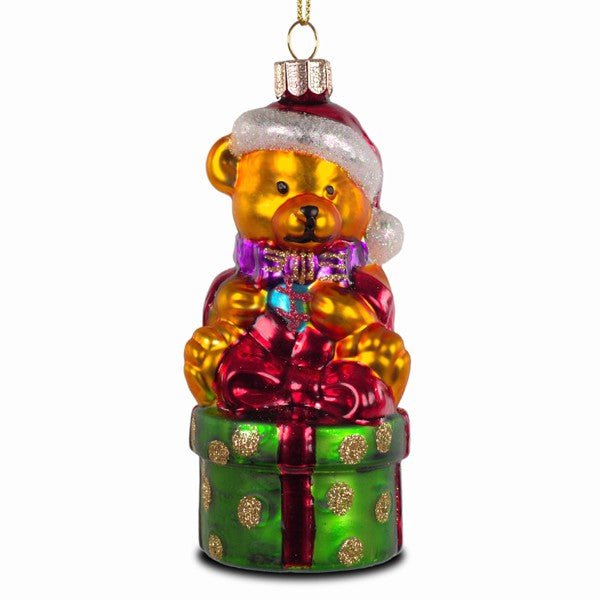 SIKORA Bär auf Geschenk besondere Weihnachtskugel Glas Christbaumschmuck Deko Figur Weihnachten Anhänger Ornament - Trend Line - BS208