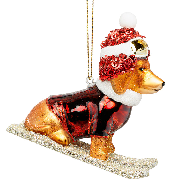 SIKORA Dackel Hund auf Skiern besondere Weihnachtskugel aus Glas handbemalter Christbaumschmuck Deko Geschenk Figur Weihnachten Anhänger Ornament - Trend Line - BS1011