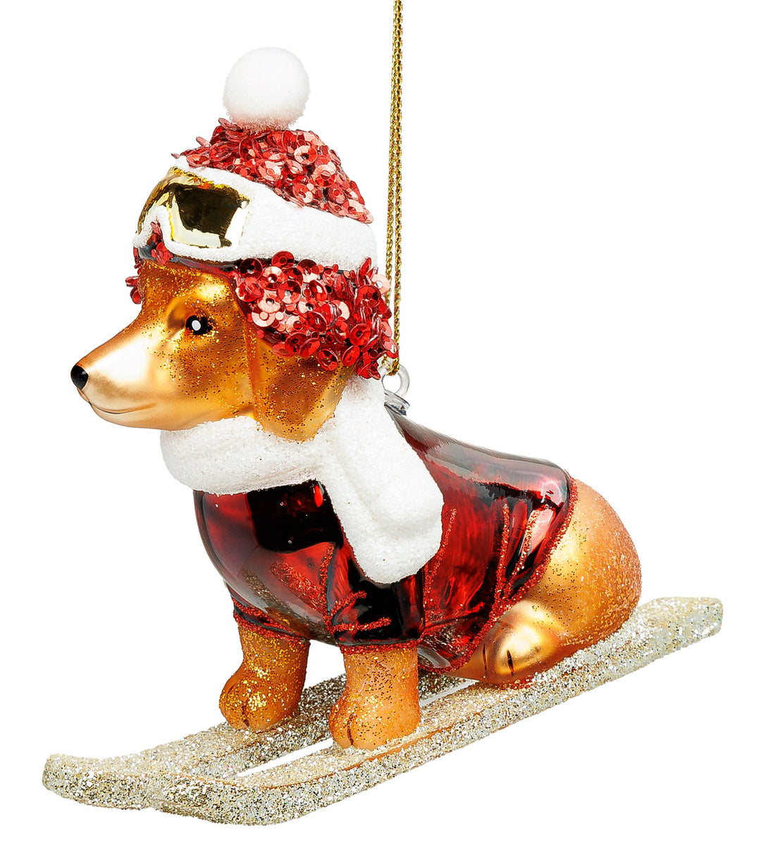 SIKORA Dackel Hund auf Skiern besondere Weihnachtskugel aus Glas handbemalter Christbaumschmuck Deko Geschenk Figur Weihnachten Anhänger Ornament - Trend Line - BS1011