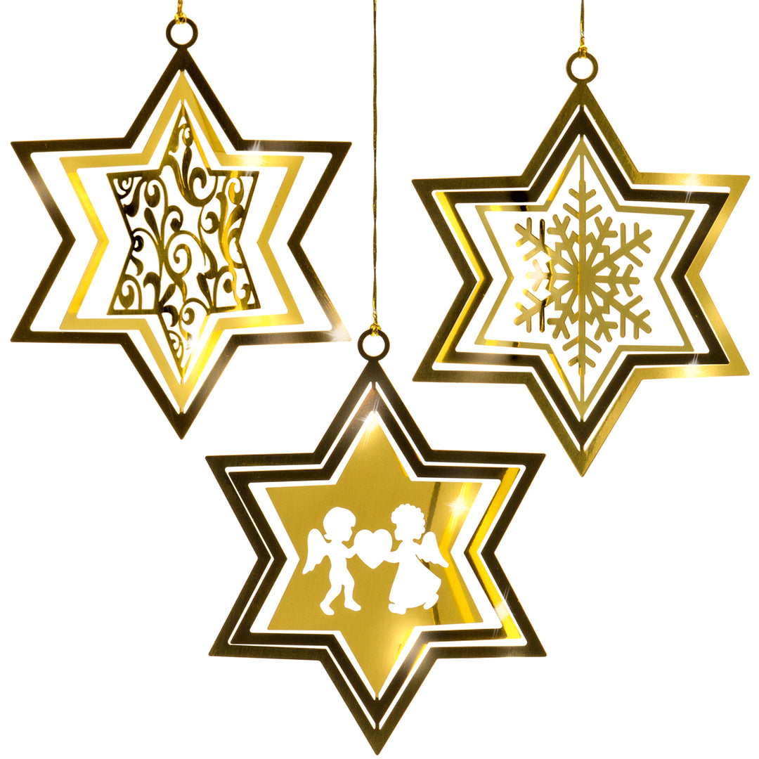 SIKORA BS168 Christbaumschmuck aus Messing Sterne mit modernen Motiven 3er Set