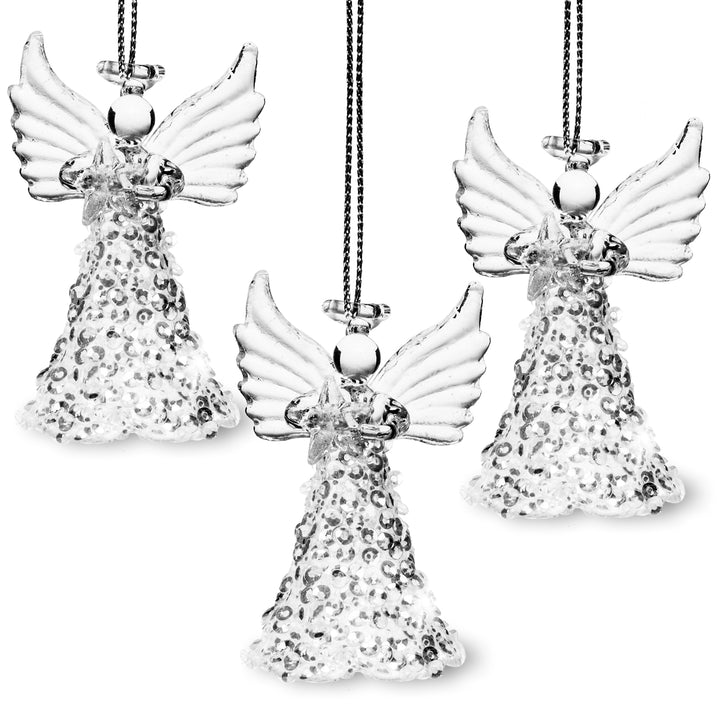 SIKORA BS410 Glas Christbaumschmuck ENGEL MIT GLITZER ROCK und STERN 3er Set