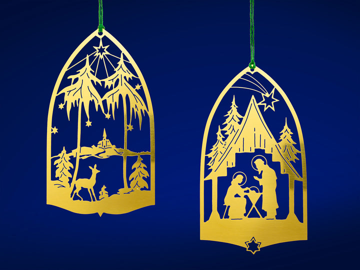 SIKORA MS-SET9 Traditionelle Christbaumschmuck Weihnachtsbaum Anhänger aus Messing KRIPPE und WINTERLANDSCHAFT 2er Set