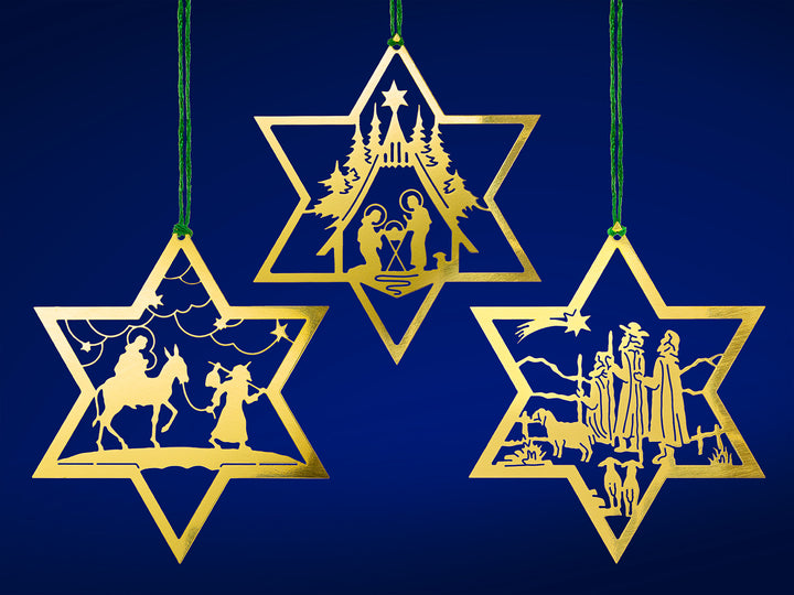 SIKORA MS-SET3 Traditionelle Christbaumschmuck Weihnachtsbaum Anhänger aus Messing STERNE mit christlichen Motiven 3er Set