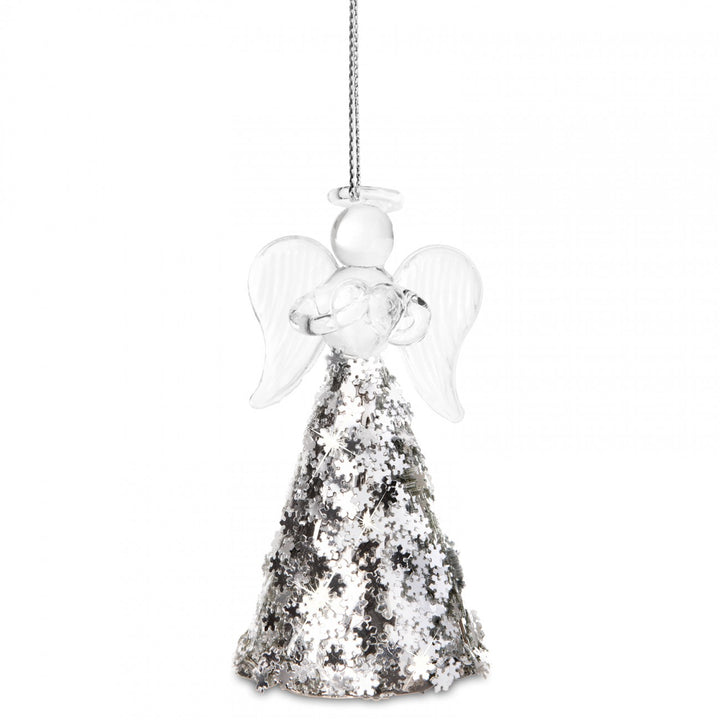 SIKORA BS386 Christbaumschmuck aus Glas / NORDISCHER GLASENGEL MIT GLITZER ROCK / 3er Set - H: 7cm