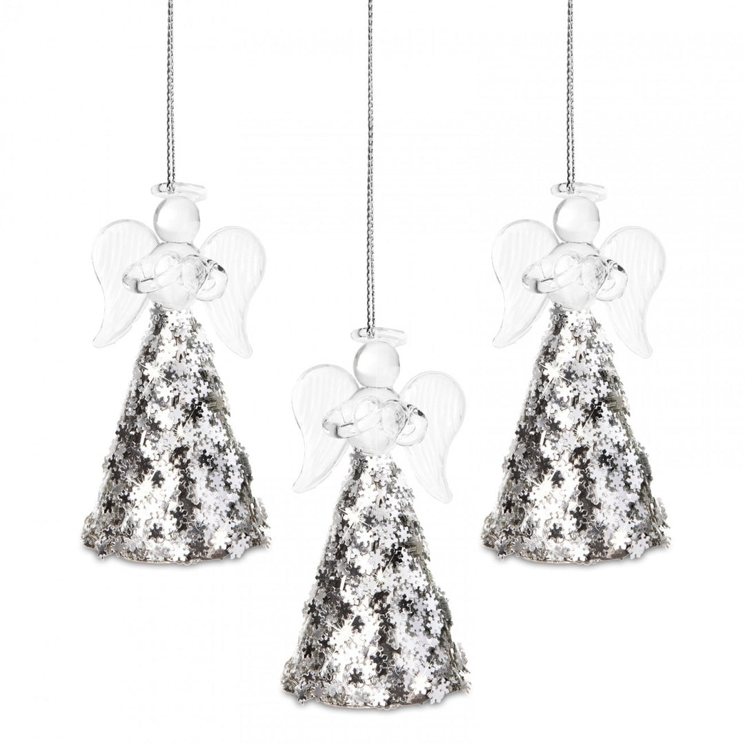SIKORA BS386 Christbaumschmuck aus Glas / NORDISCHER GLASENGEL MIT GLITZER ROCK / 3er Set - H: 7cm