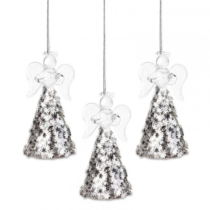 SIKORA BS386 Christbaumschmuck aus Glas / NORDISCHER GLASENGEL MIT GLITZER ROCK / 3er Set - H: 7cm