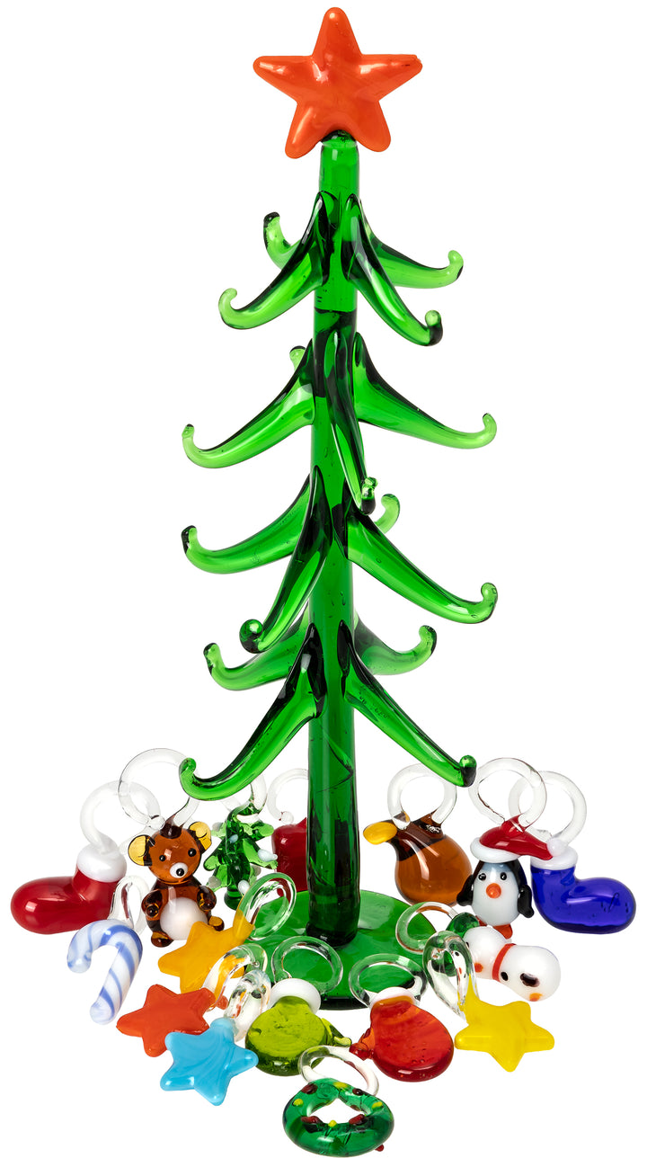 SIKORA Glas Baum Deko Figur Weihnachtsbaum mit bunten mini Anhängern Höhe: 16 cm - DK24