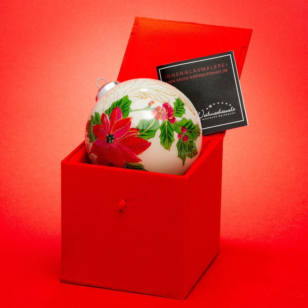 SIKORA Weihnachtsstern Blüte No.2 Weihnachtskugel Innenglasmalerei besonderer Christbaumschmuck Ornament von innen handbemalt D: 10 cm - K10-18