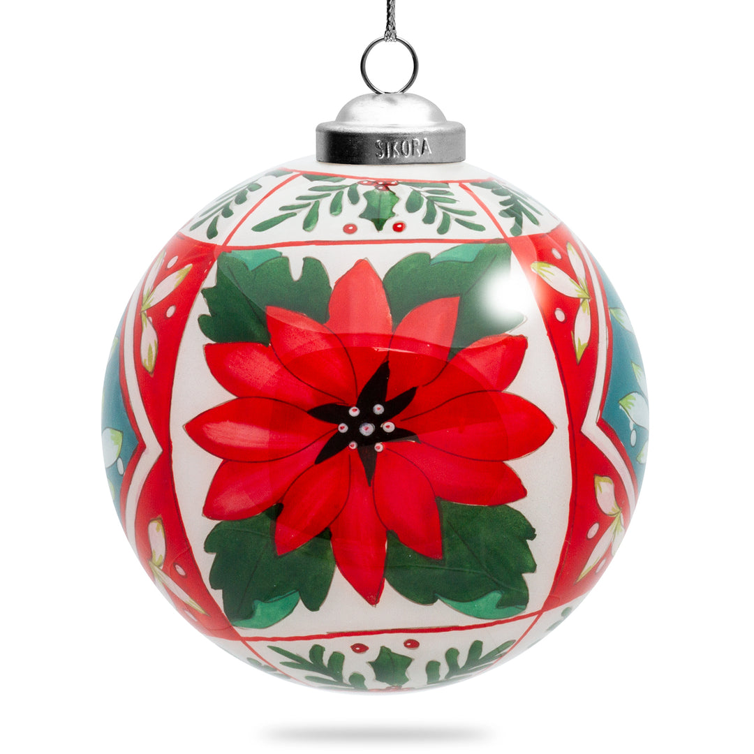 SIKORA Weihnachtsstern Blüte No.3 Weihnachtskugel Innenglasmalerei besonderer Christbaumschmuck Ornament von innen handbemalt D: 10 cm - K10-19
