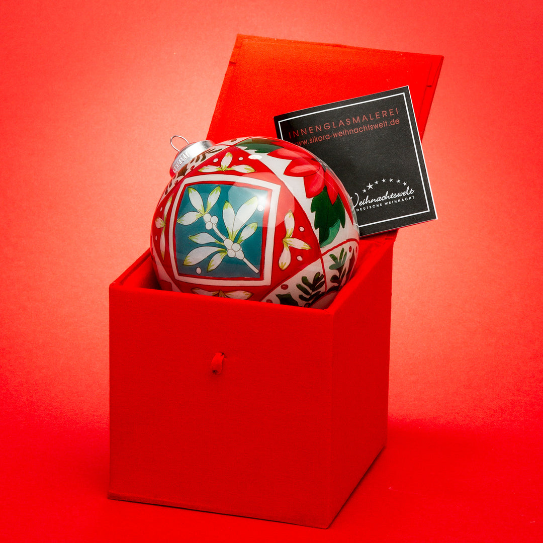 SIKORA Weihnachtsstern Blüte No.3 Weihnachtskugel Innenglasmalerei besonderer Christbaumschmuck Ornament von innen handbemalt D: 10 cm - K10-19