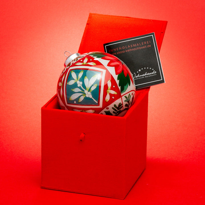 SIKORA Weihnachtsstern Blüte No.3 Weihnachtskugel Innenglasmalerei besonderer Christbaumschmuck Ornament von innen handbemalt D: 10 cm - K10-19