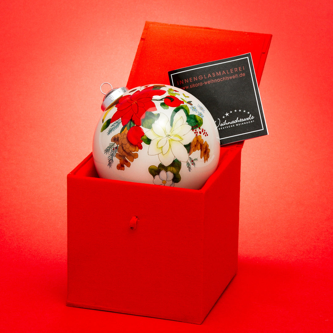 SIKORA Weihnachtsstern Blüte No.4 Weihnachtskugel Innenglasmalerei besonderer Christbaumschmuck Ornament von innen handbemalt D: 10 cm - K10-31