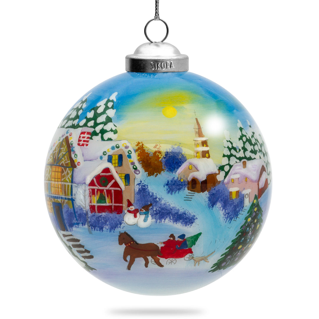 SIKORA Winterdorf No.3 Weihnachtskugel Innenglasmalerei besonderer Christbaumschmuck Ornament von innen handbemalt D: 10 cm - K10-47