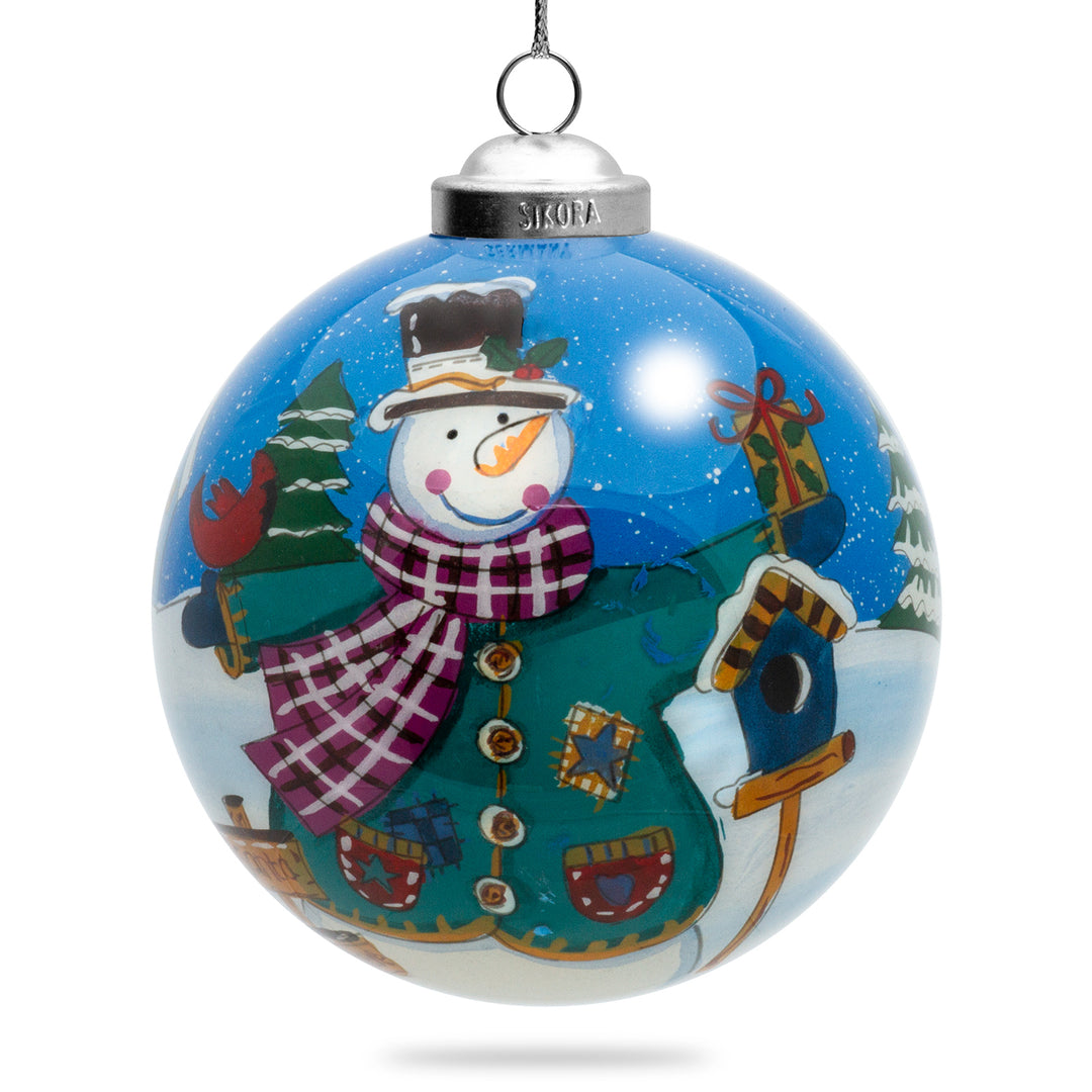 SIKORA Schneemann No.5 Weihnachtskugel Innenglasmalerei besonderer Christbaumschmuck Ornament von innen handbemalt D: 10 cm - K10-80