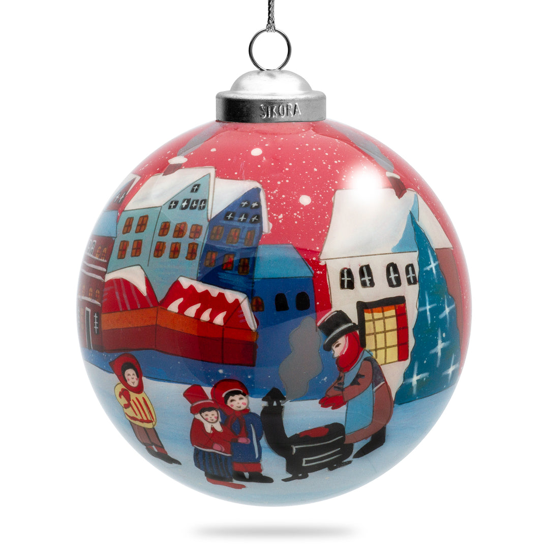SIKORA Winterdorf No.5 Weihnachtskugel Innenglasmalerei besonderer Christbaumschmuck Ornament von innen handbemalt D: 10 cm - K10-86