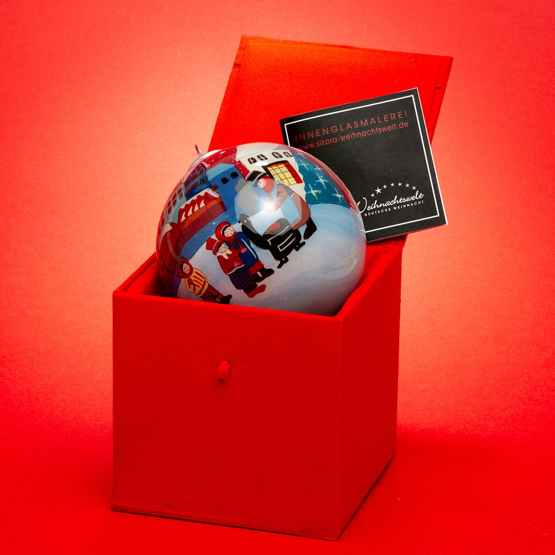 SIKORA Winterdorf No.5 Weihnachtskugel Innenglasmalerei besonderer Christbaumschmuck Ornament von innen handbemalt D: 10 cm - K10-86