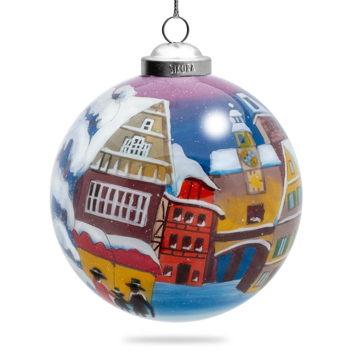 SIKORA Winterdorf No.6 Glas Weihnachtskugel Innenglasmalerei besonderer Christbaumschmuck Ornament von innen handbemalt D: 10 cm - K10-87