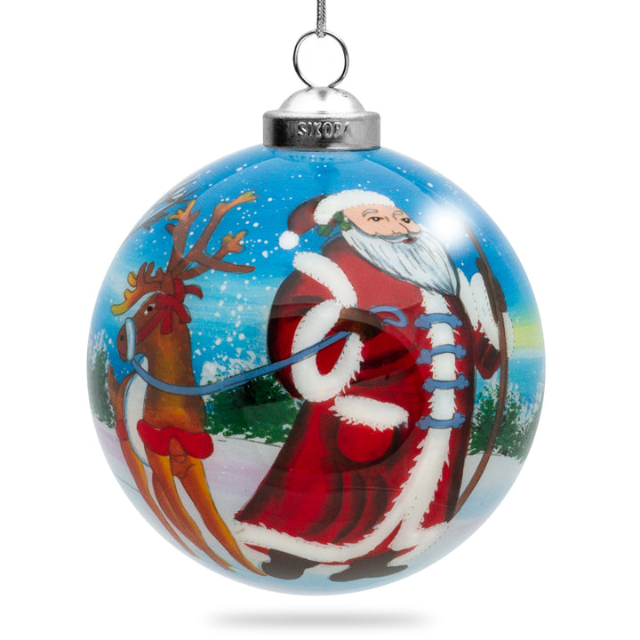 SIKORA K08-51 Weihnachtsmann mit Rentier Glaskugel Weihnachtskugel Innenglasmalerei D: 7,5 cm