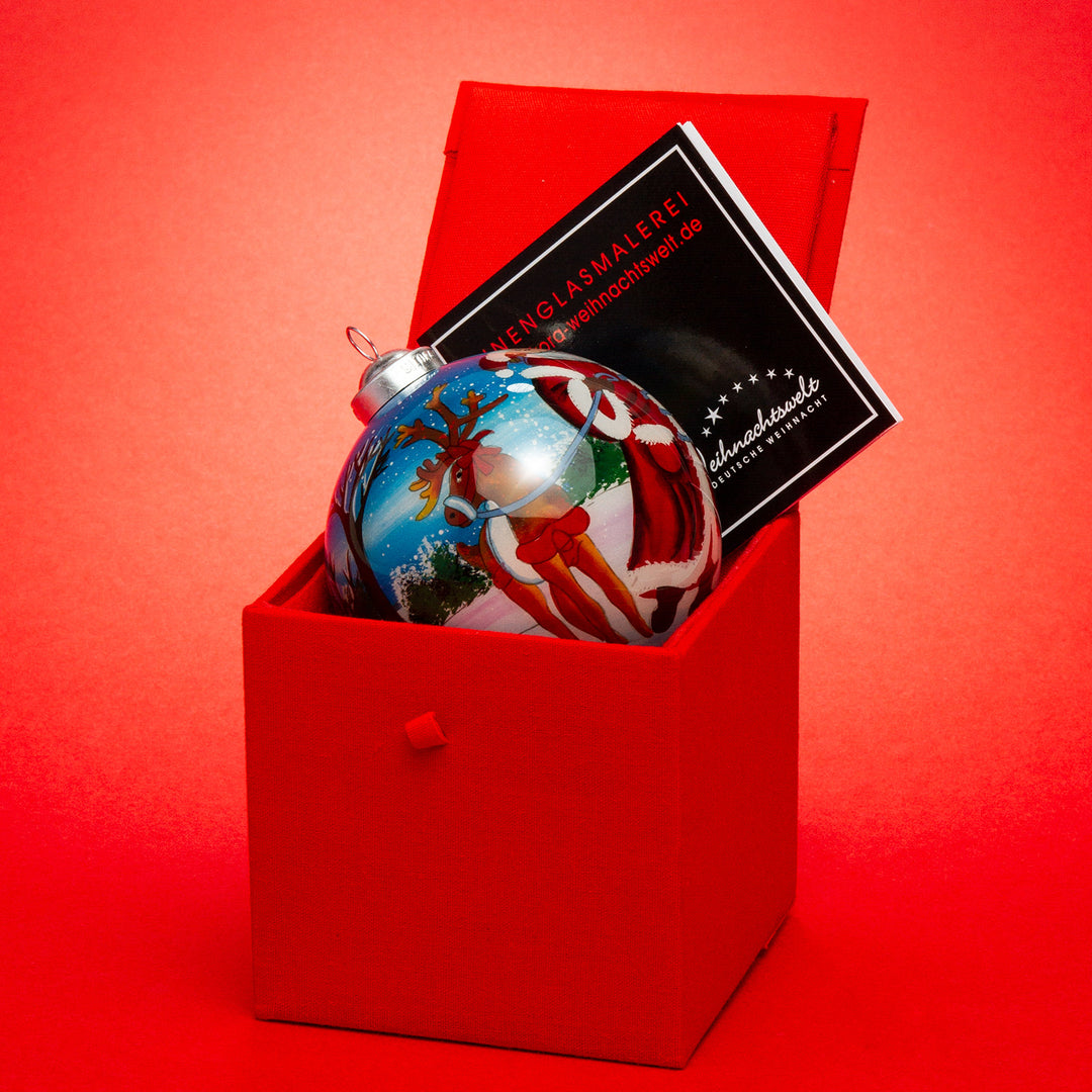 SIKORA K08-51 Weihnachtsmann mit Rentier Glaskugel Weihnachtskugel Innenglasmalerei D: 7,5 cm