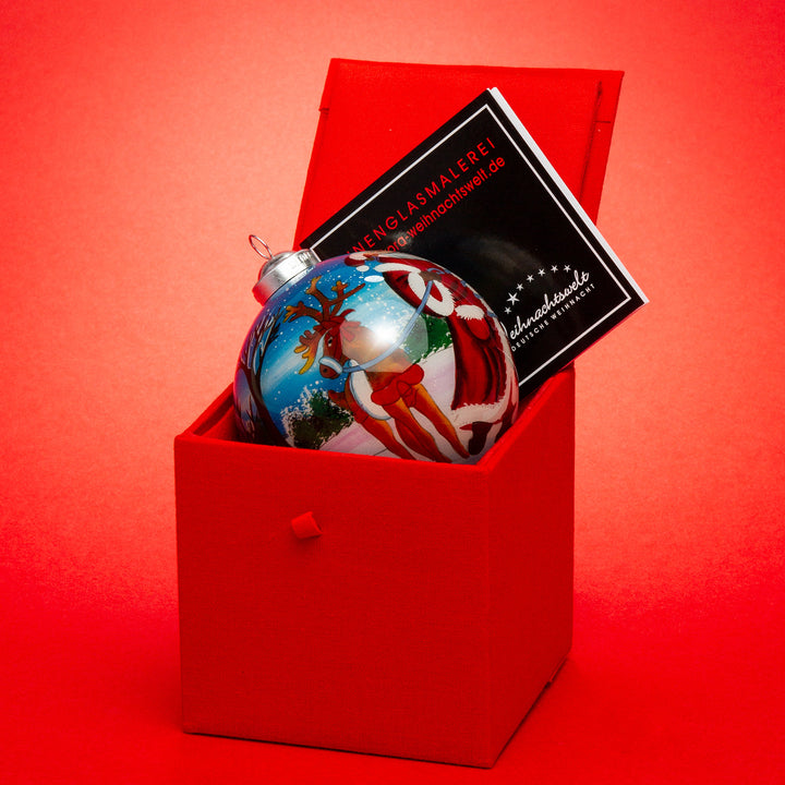 SIKORA K08-51 Weihnachtsmann mit Rentier Glaskugel Weihnachtskugel Innenglasmalerei D: 7,5 cm