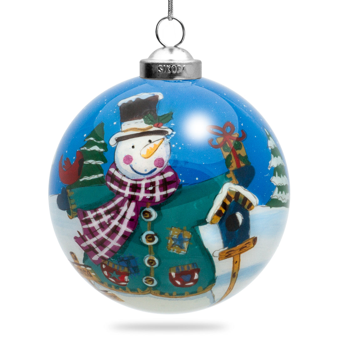 SIKORA K08-80 Schneemann mit Vogelhäuschen Glaskugel Weihnachtskugel Innenglasmalerei D: 7,5 cm