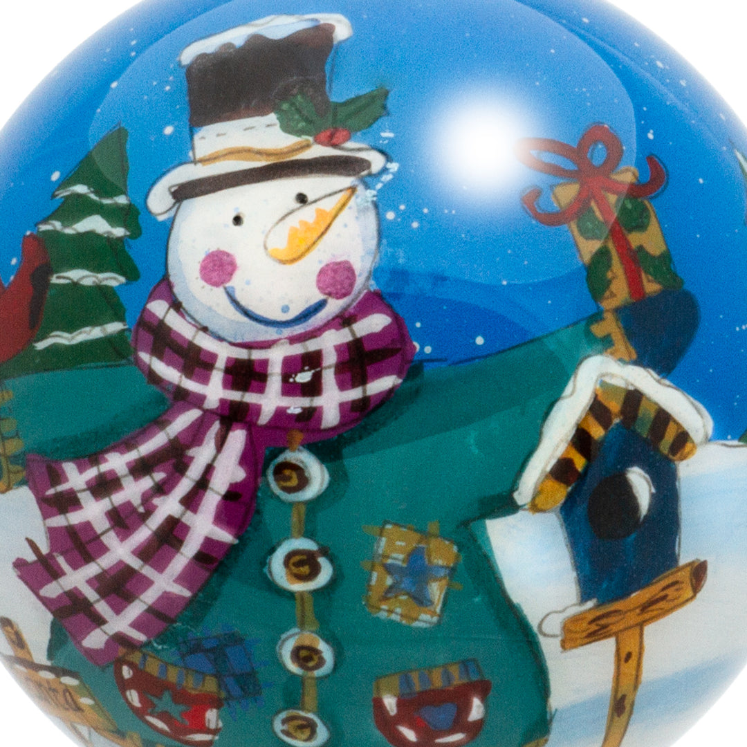 SIKORA K08-80 Schneemann mit Vogelhäuschen Glaskugel Weihnachtskugel Innenglasmalerei D: 7,5 cm