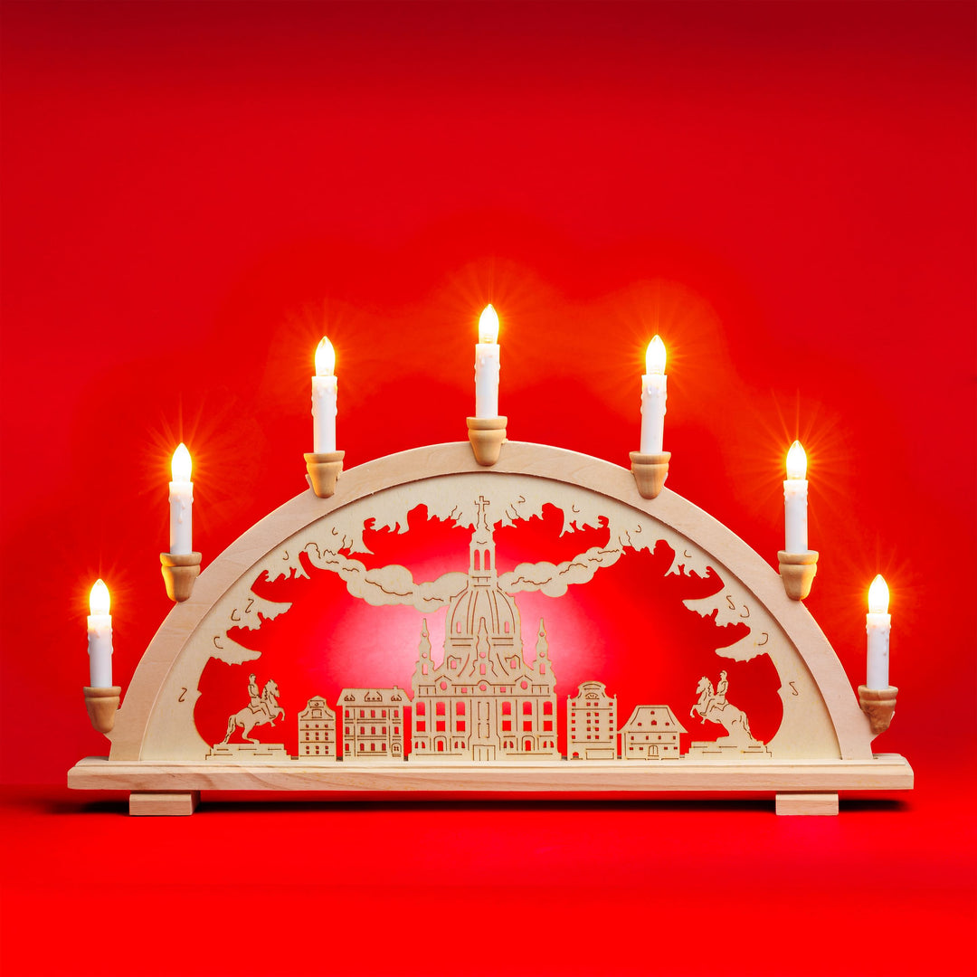SIKORA LB20-7 klassicher Holz Schwibbogen beleuchteter LED Lichterbogen Motiv Dresdener Frauenkirche Deko Weihnachten Breite ca. 57 cm