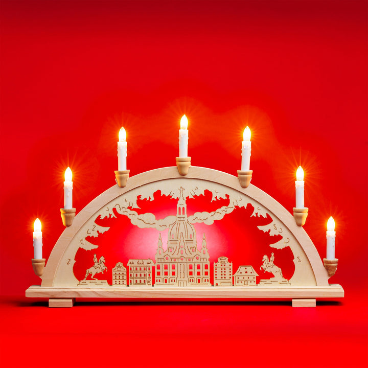 SIKORA LB20-7 klassicher Holz Schwibbogen beleuchteter LED Lichterbogen Motiv Dresdener Frauenkirche Deko Weihnachten Breite ca. 57 cm