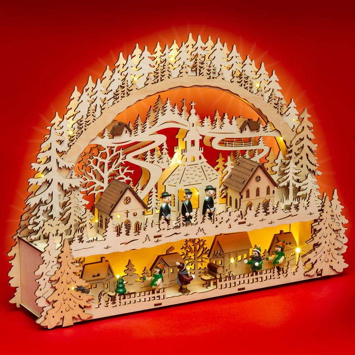 SIKORA LB88 Holz Schwibbogen beleuchteter LED Lichterbogen Motiv Winterdorf Seiffener Sänger Deko Weihnachten inkl. Netzteil Breite 43cm