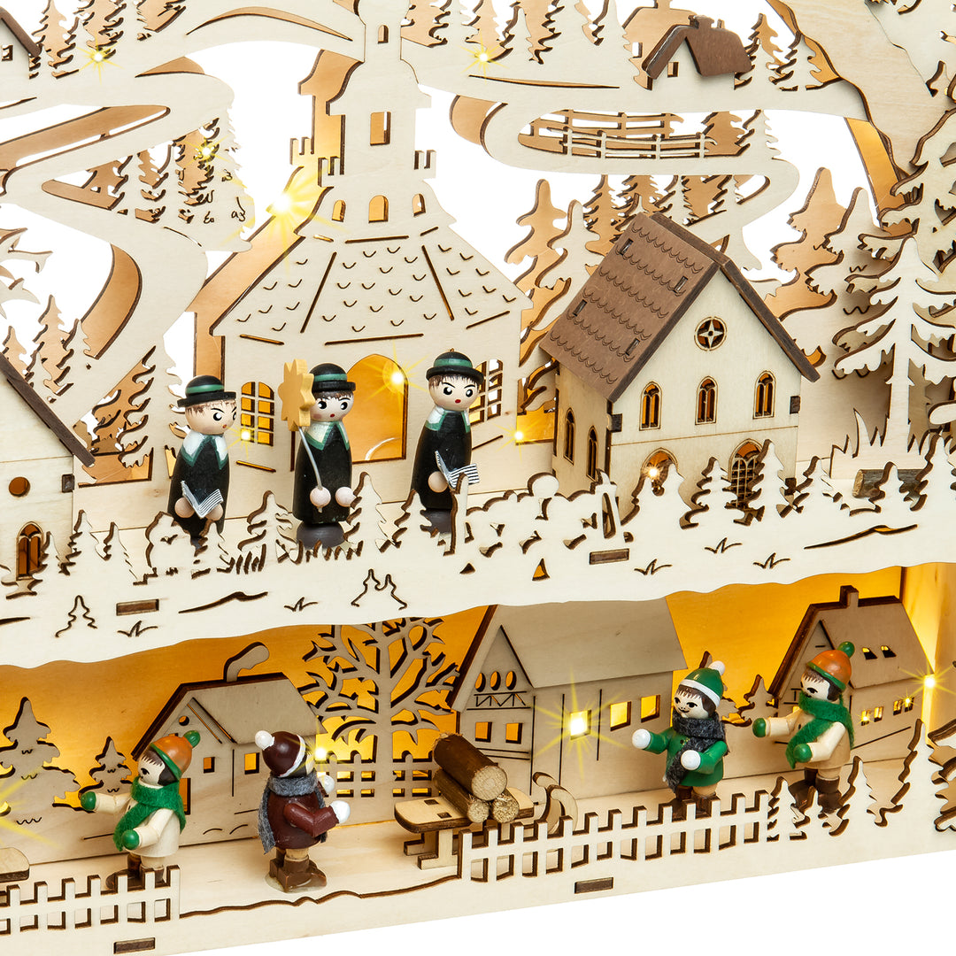 SIKORA LB88 Holz Schwibbogen beleuchteter LED Lichterbogen Motiv Winterdorf Seiffener Sänger Deko Weihnachten inkl. Netzteil Breite 43cm