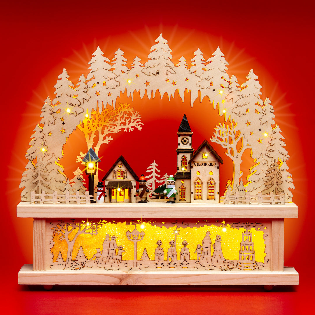 SIKORA LB01 beleuchteter LED Holz Schwibbogen WINTERDORF mit Schwibbogen Erhöhung inklusive Trafo