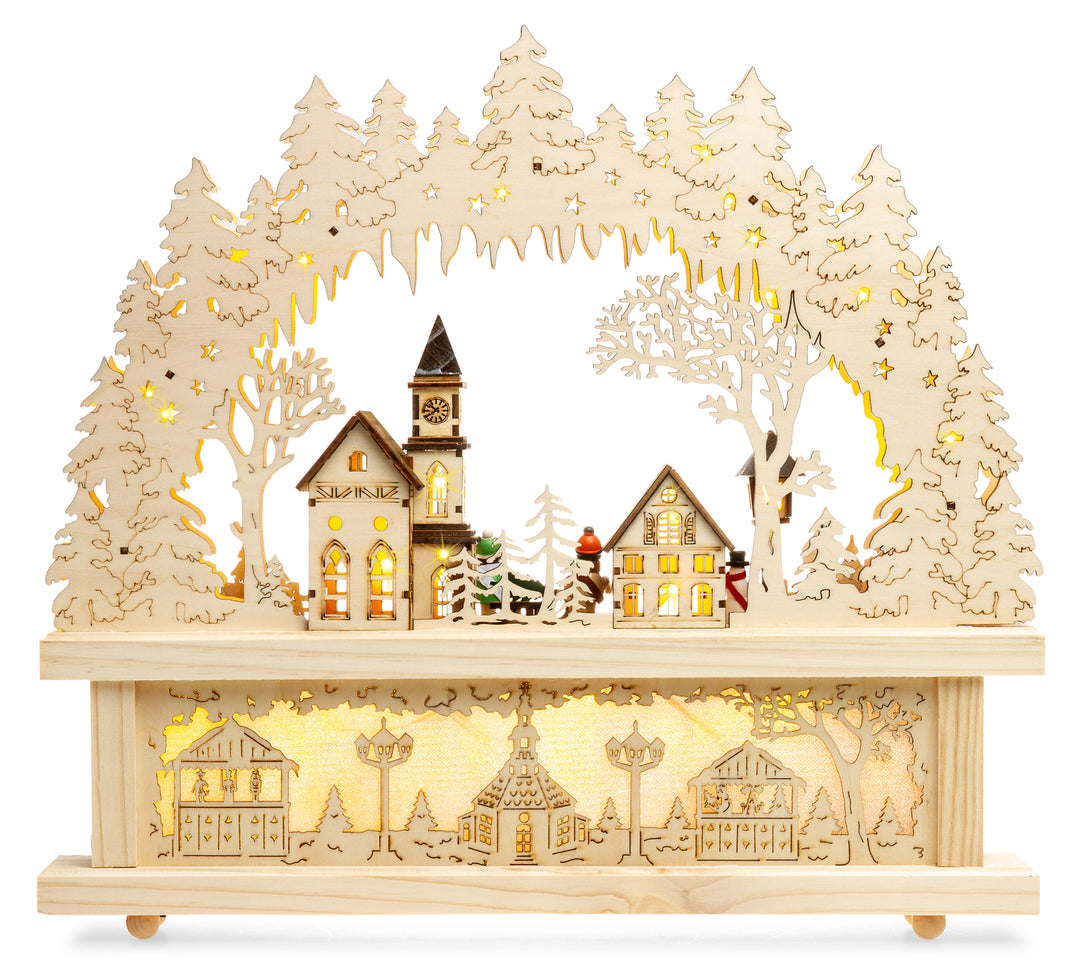 SIKORA LB01 beleuchteter LED Holz Schwibbogen WINTERDORF mit Schwibbogen Erhöhung inklusive Trafo