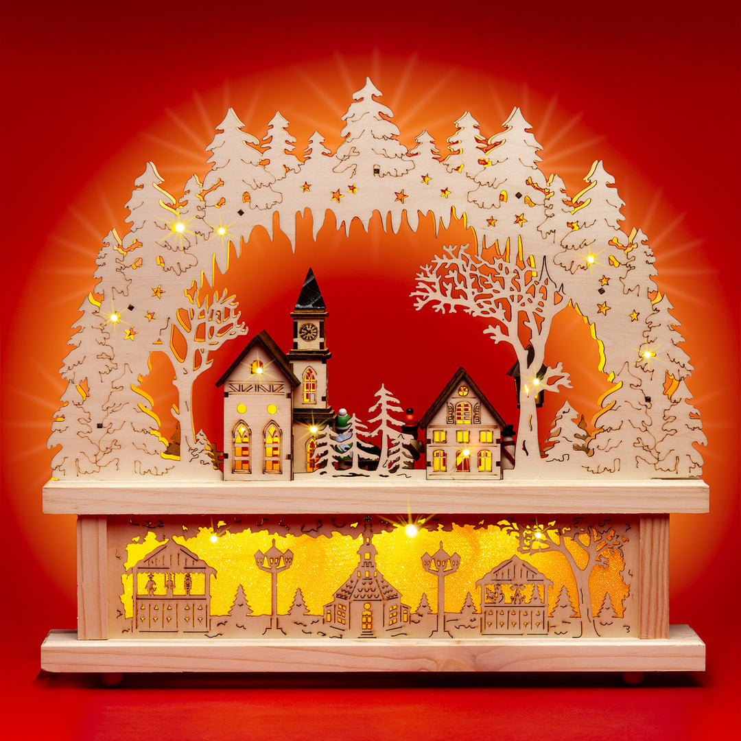 SIKORA LB01 beleuchteter LED Holz Schwibbogen WINTERDORF mit Schwibbogen Erhöhung inklusive Trafo