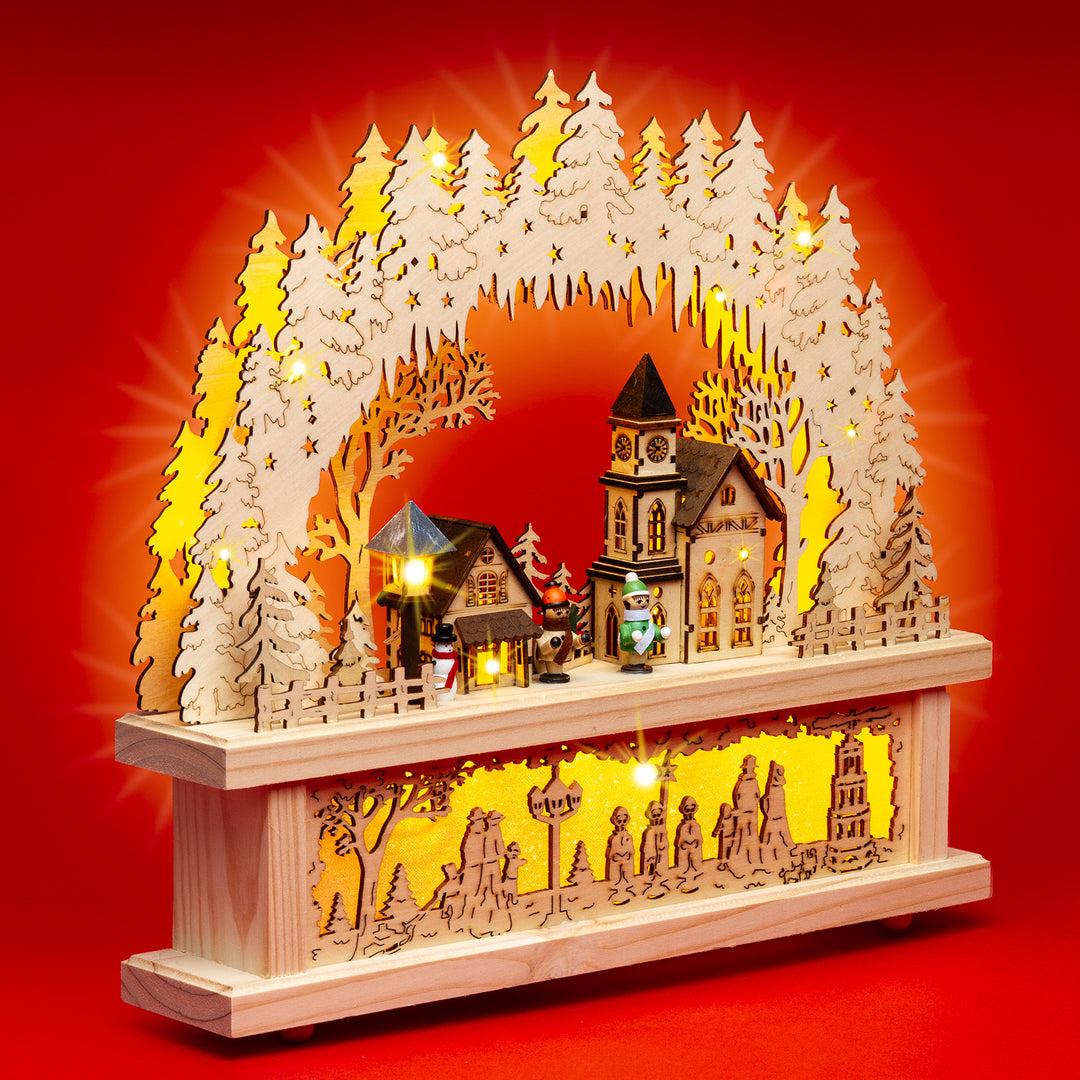 SIKORA LB01 beleuchteter LED Holz Schwibbogen WINTERDORF mit Schwibbogen Erhöhung inklusive Trafo