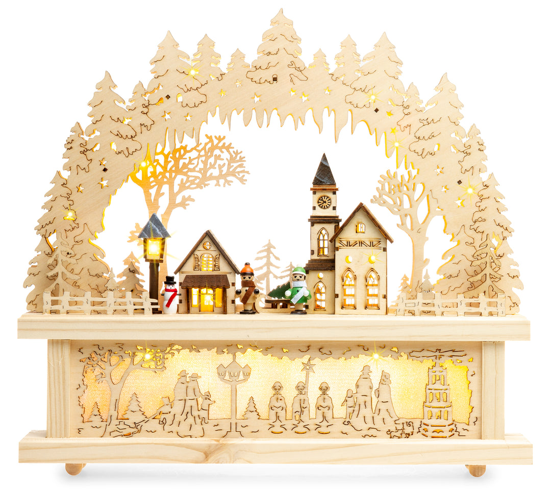 SIKORA LB01 beleuchteter LED Holz Schwibbogen WINTERDORF mit Schwibbogen Erhöhung inklusive Trafo