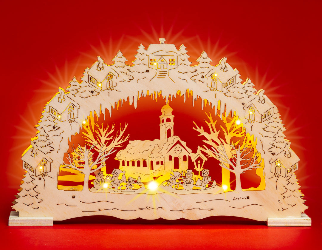 SIKORA LB03 beleuchteter LED Holz Schwibbogen DORFKIRCHE inklusive Trafo