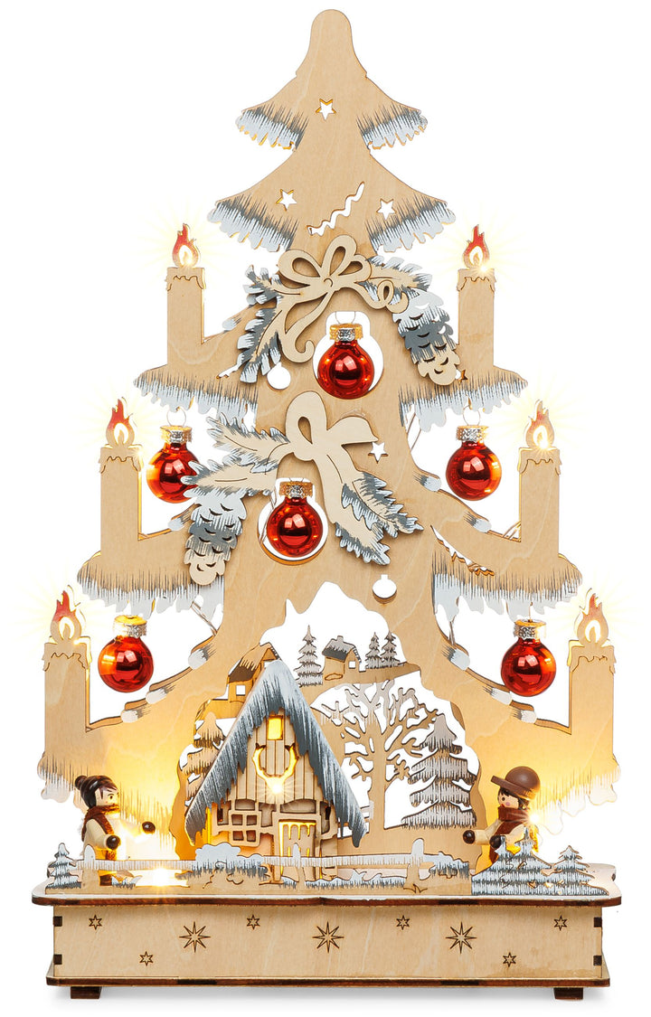 SIKORA LB102 Midi-Schwibbogen LED Holz Lichterbogen Weihnachtsbaum Waldhaus grau/weiss mit roten Weihnachtskugeln
