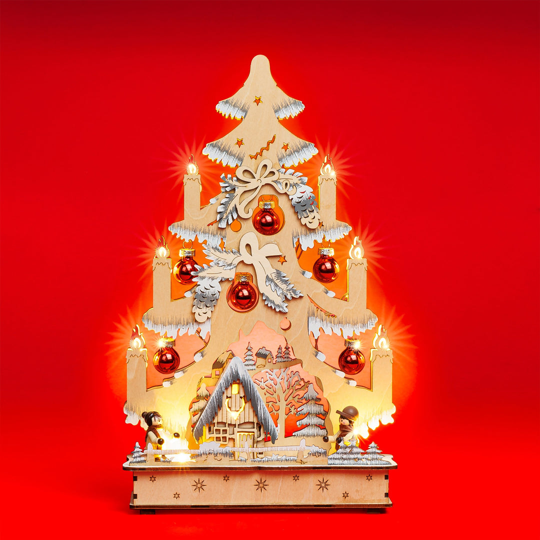 SIKORA LB102 Midi-Schwibbogen LED Holz Lichterbogen Weihnachtsbaum Waldhaus grau/weiss mit roten Weihnachtskugeln