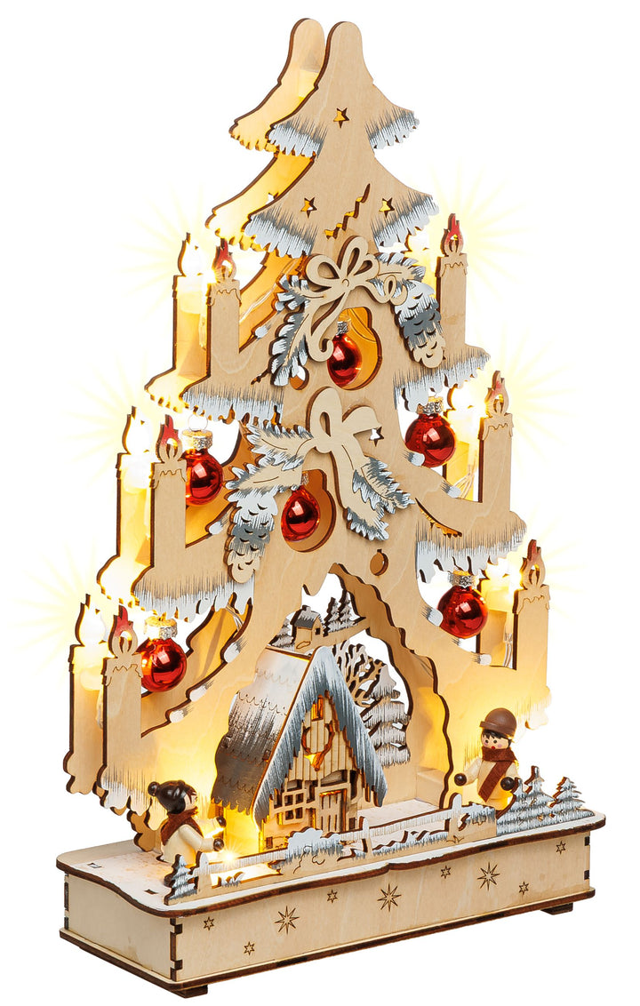 SIKORA LB102 Midi-Schwibbogen LED Holz Lichterbogen Weihnachtsbaum Waldhaus grau/weiss mit roten Weihnachtskugeln