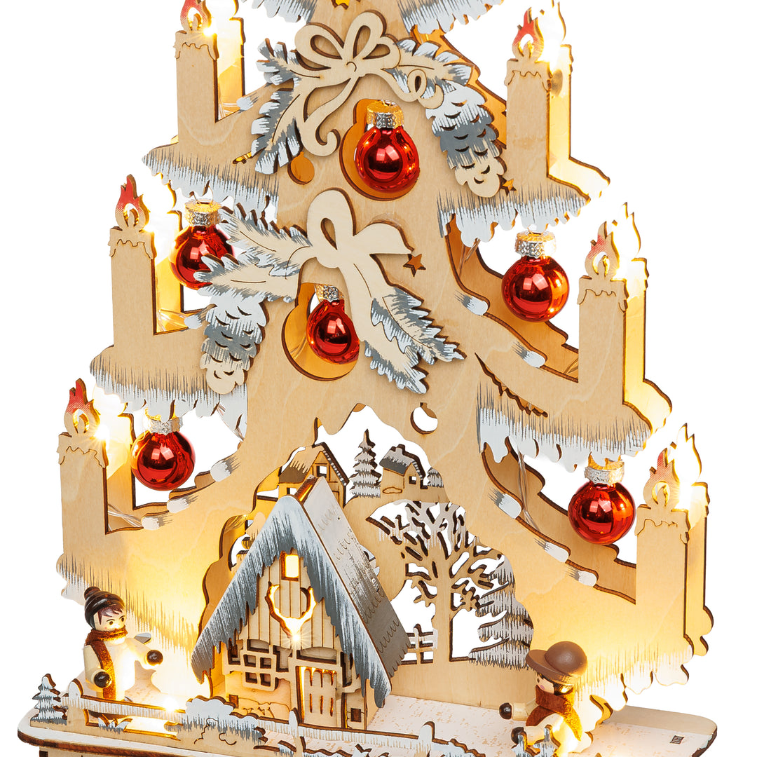 SIKORA LB102 Midi-Schwibbogen LED Holz Lichterbogen Weihnachtsbaum Waldhaus grau/weiss mit roten Weihnachtskugeln