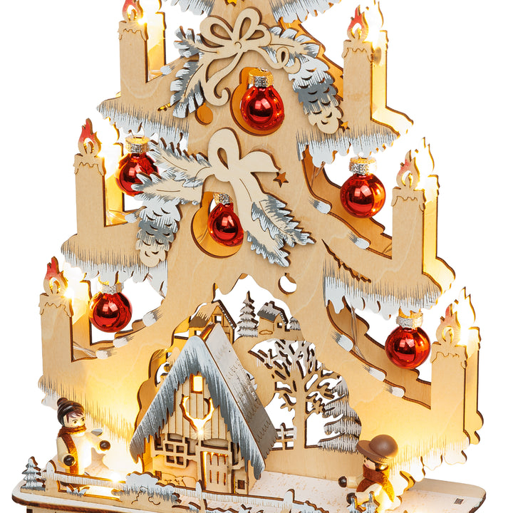 SIKORA LB102 Midi-Schwibbogen LED Holz Lichterbogen Weihnachtsbaum Waldhaus grau/weiss mit roten Weihnachtskugeln