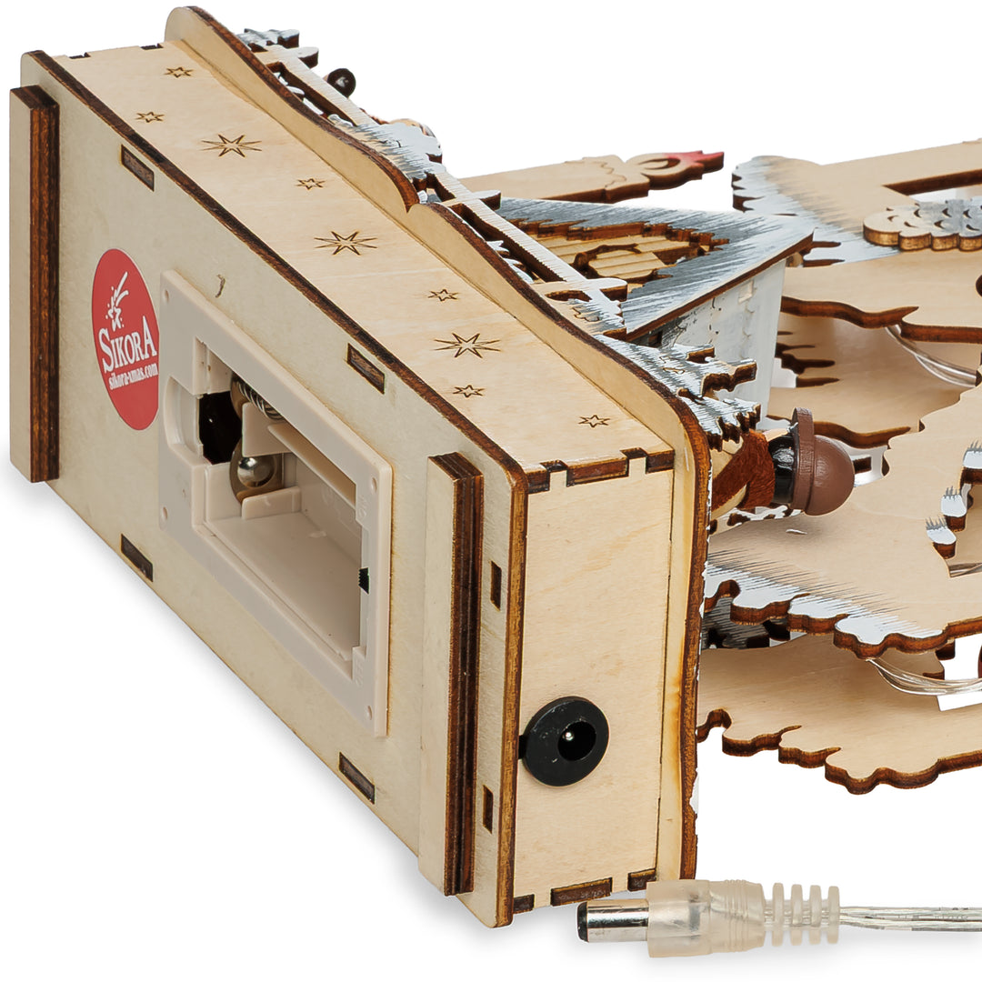 SIKORA LB102 Midi-Schwibbogen LED Holz Lichterbogen Weihnachtsbaum Waldhaus grau/weiss mit roten Weihnachtskugeln