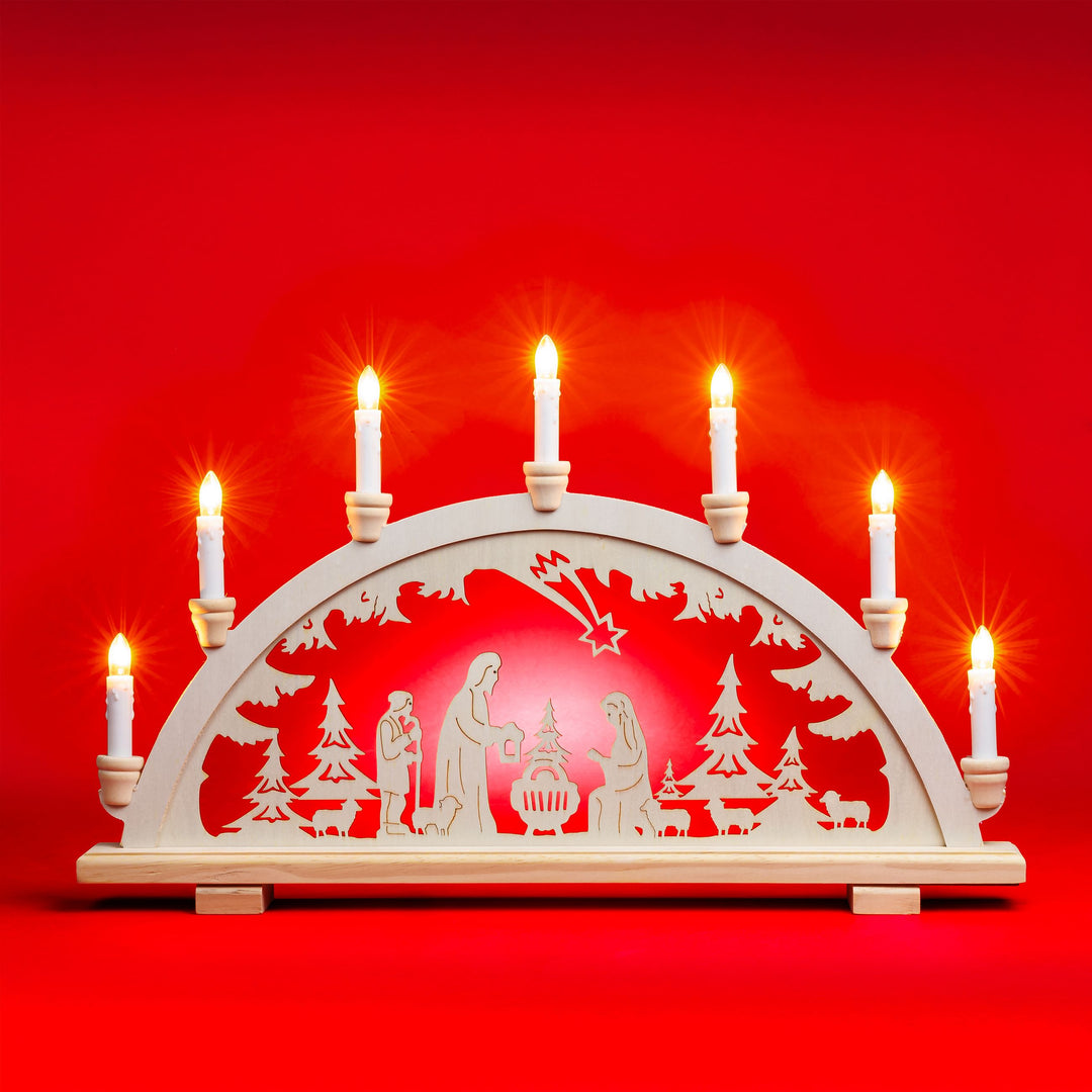 SIKORA LB12-7 klassicher Holz Schwibbogen beleuchteter LED Lichterbogen Motiv Heilige Familie Deko Weihnachten Breite ca. 57 cm
