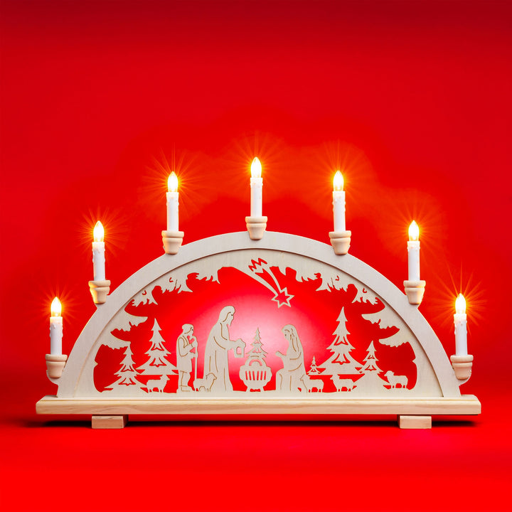 SIKORA LB12-7 klassicher Holz Schwibbogen beleuchteter LED Lichterbogen Motiv Heilige Familie Deko Weihnachten Breite ca. 57 cm