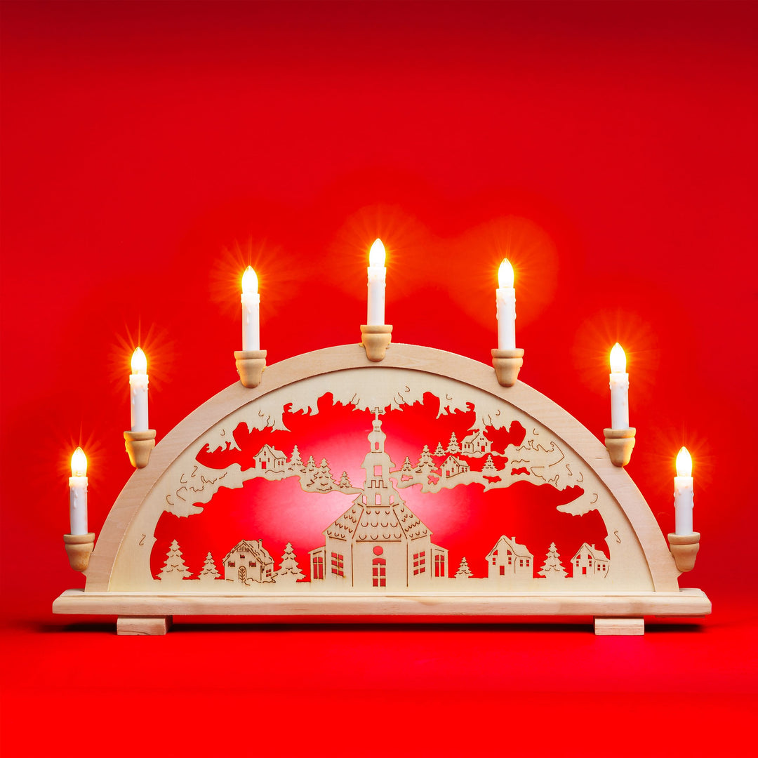 SIKORA LB13-7 klassicher Holz Schwibbogen beleuchteter LED Lichterbogen Motiv Seiffener Kirche Deko Weihnachten Breite ca. 57 cm