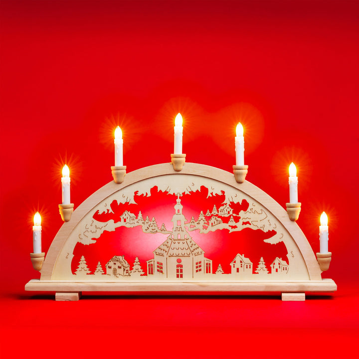 SIKORA LB13-7 klassicher Holz Schwibbogen beleuchteter LED Lichterbogen Motiv Seiffener Kirche Deko Weihnachten Breite ca. 57 cm
