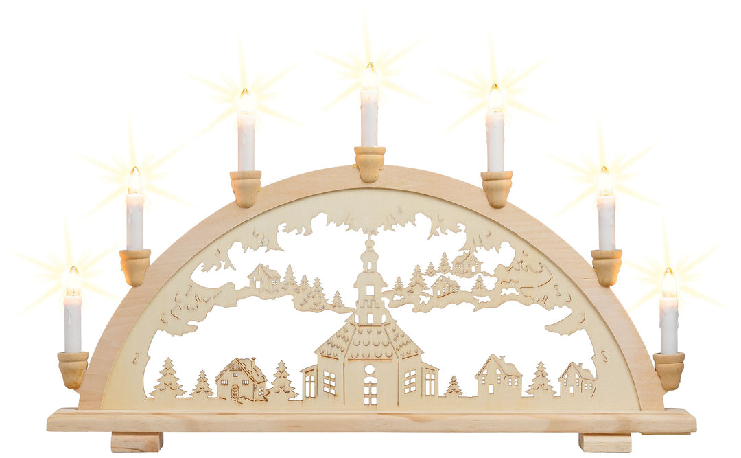 SIKORA LB13-7 klassicher Holz Schwibbogen beleuchteter LED Lichterbogen Motiv Seiffener Kirche Deko Weihnachten Breite ca. 57 cm