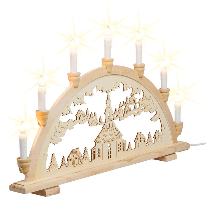 SIKORA LB13-7 klassicher Holz Schwibbogen beleuchteter LED Lichterbogen Motiv Seiffener Kirche Deko Weihnachten Breite ca. 57 cm